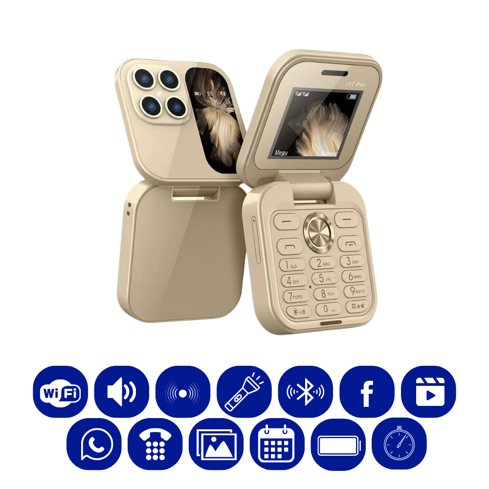 Display of FlexFold flip phone showing menu icons: camera, music, contacts, settings