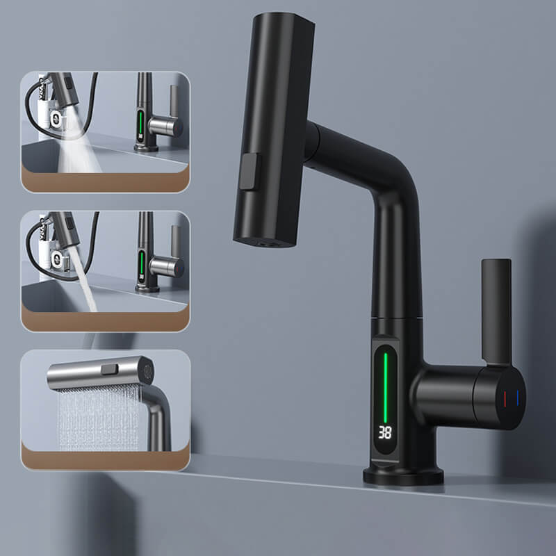 Flexible kitchen faucet with LED temp display & retractable hose. Brushed nickel finish for modern kitchens.