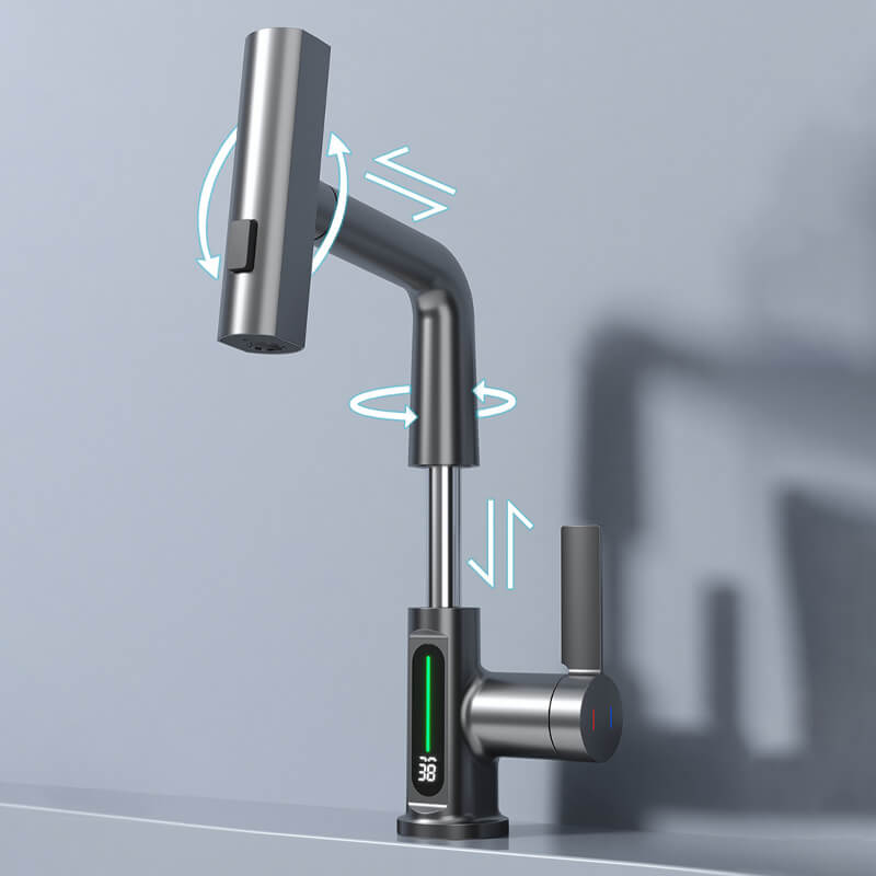 Premium flexible kitchen faucet with built-in LED temperature display. Brushed nickel, pull-down.