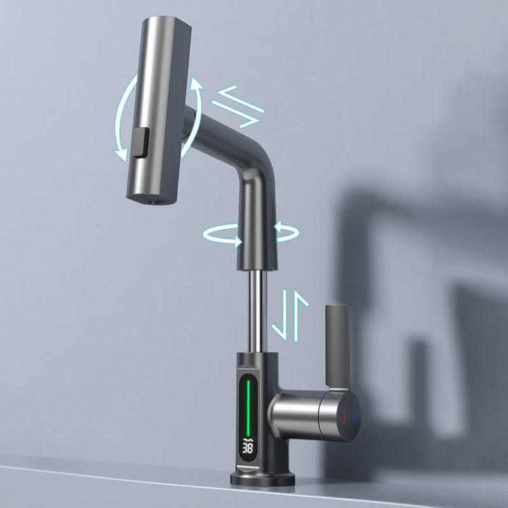 Premium flexible kitchen faucet with built-in LED temperature display. Brushed nickel, pull-down.
