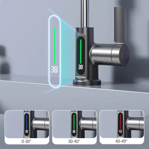 Innovative flexible kitchen sink mixer. LED temp display, retractable hose, modern brushed nickel design.