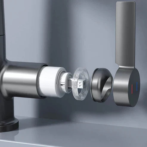 Flexible kitchen faucet. LED temperature display. Brushed nickel finish, high arc, pull-out sprayer.