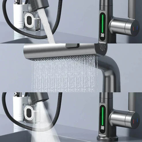 Easy install flexible kitchen faucet. LED temp display, retractable hose. Upgrade your home.