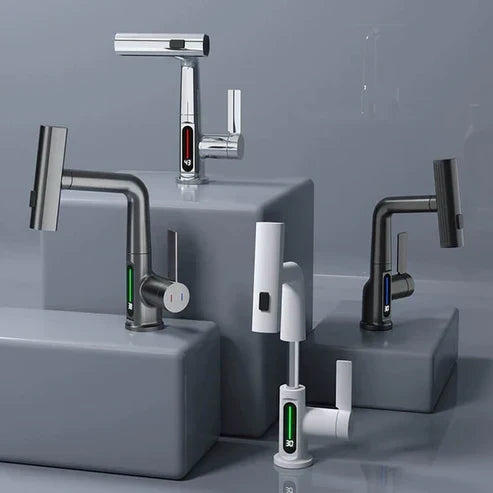 Flexible kitchen faucet with clear LED temperature display. Brushed nickel finish, perfect for modern sinks.