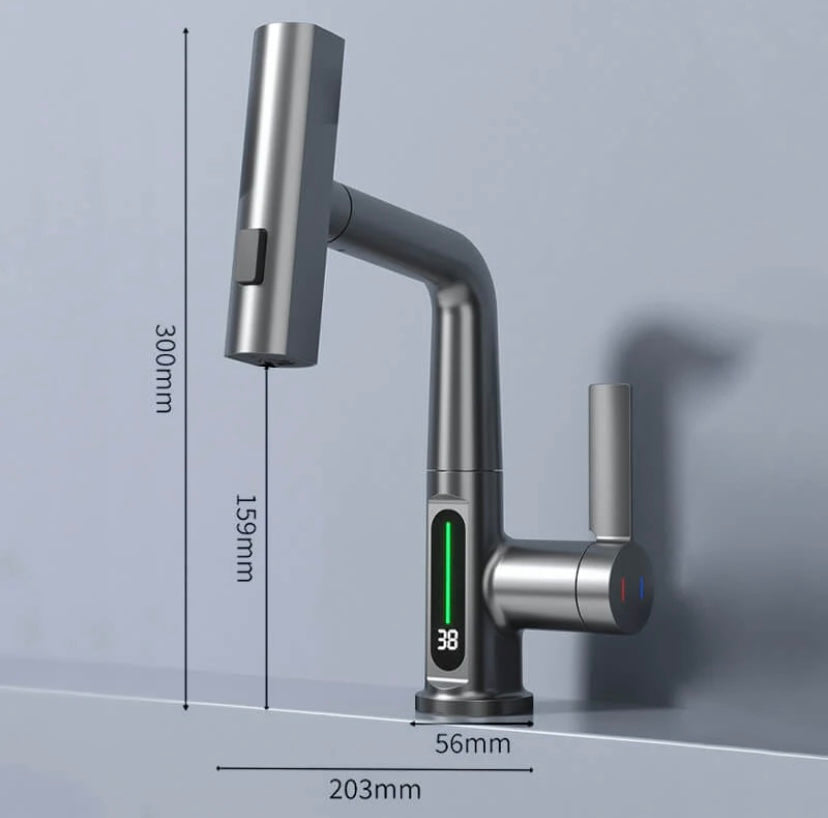WaterMaster flexible kitchen faucet with LED display. Retractable hose, brushed nickel. Modern & functional.