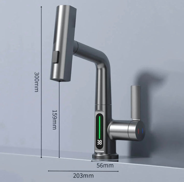 WaterMaster flexible kitchen faucet with LED display. Retractable hose, brushed nickel. Modern & functional.