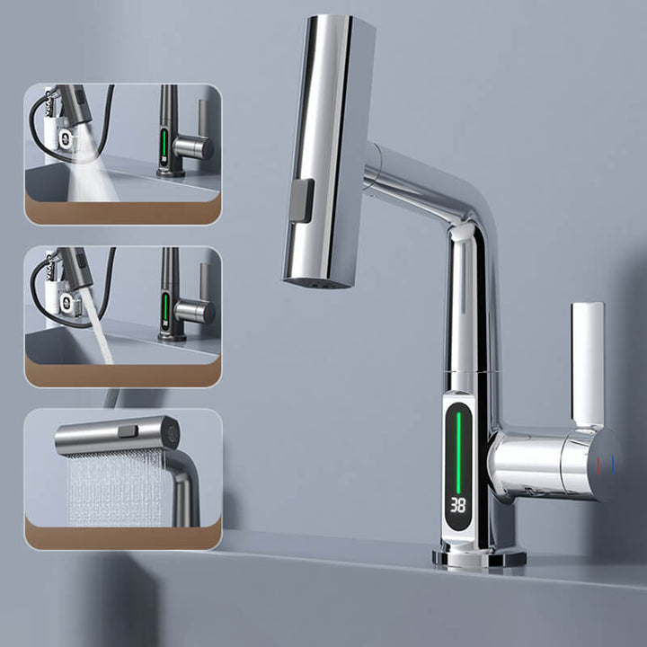 Modern kitchen sink mixer: flexible tap, LED temp display, pull-out sprayer. Easy install.