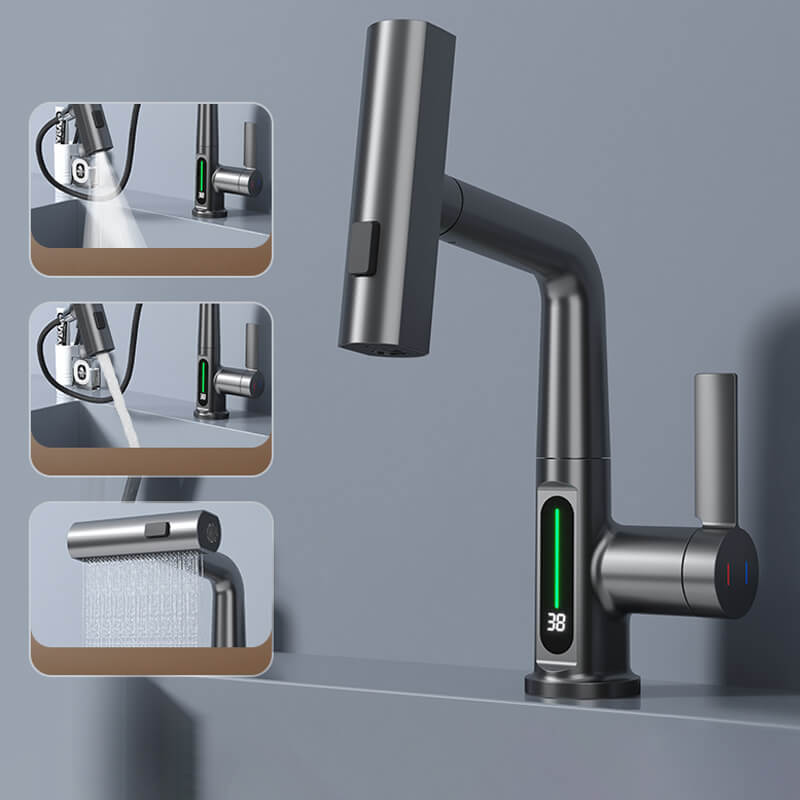 Brushed nickel flexible kitchen faucet. LED display shows water temperature. Retractable hose.