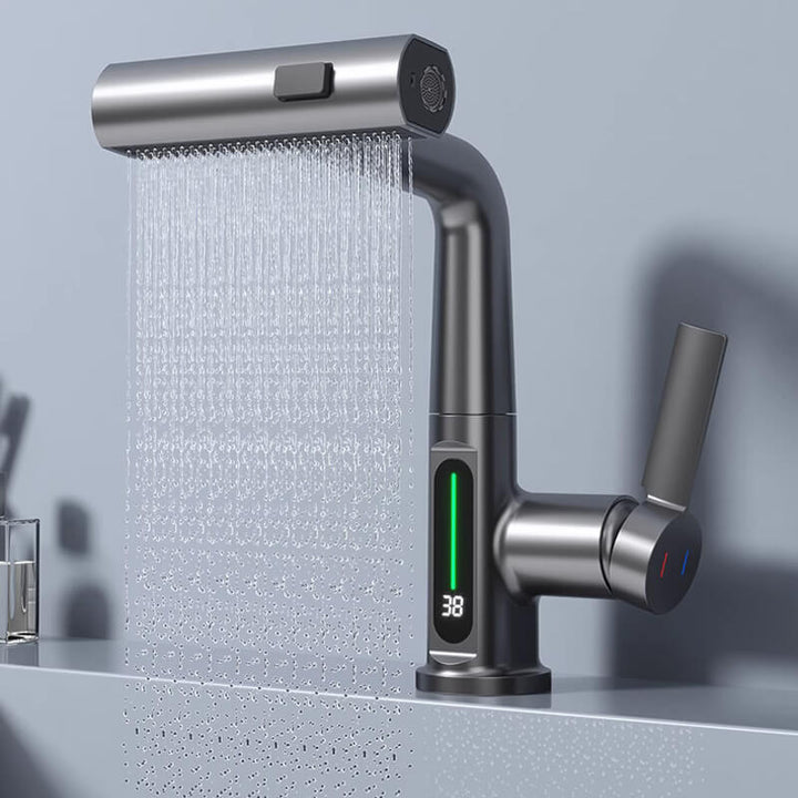 Sleek flexible kitchen faucet with LED temperature display. Retractable spray hose. Durable brushed nickel.