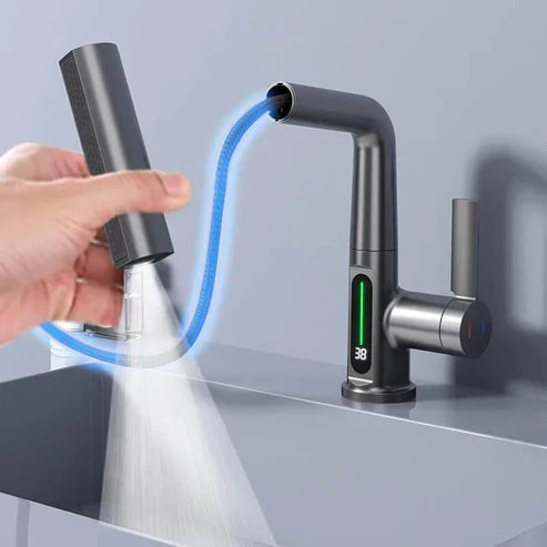High-arc flexible kitchen faucet. LED water temp display. Brushed nickel finish for contemporary kitchens.