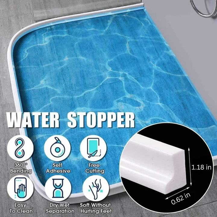 Flexible silicone shower water barrier and threshold for a dry, splash-free bathroom.