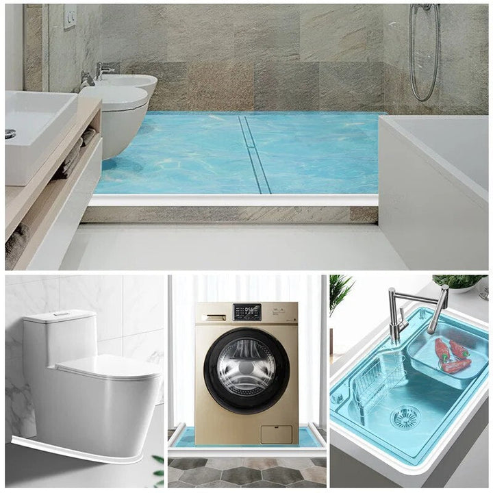 Stopping shower water with a flexible silicone barrier for a dry, safe bathroom floor.