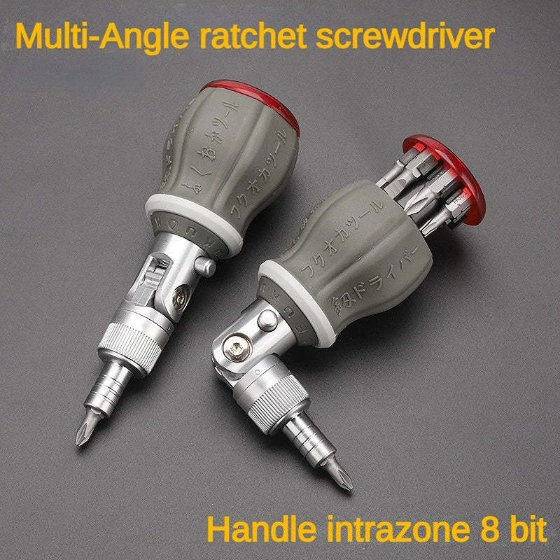 Close-up of FlexiGrip adjustable angle ratchet screwdriver showing magnetic CR-V bits storage in handle