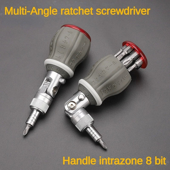 Close-up of FlexiGrip adjustable angle ratchet screwdriver showing magnetic CR-V bits storage in handle
