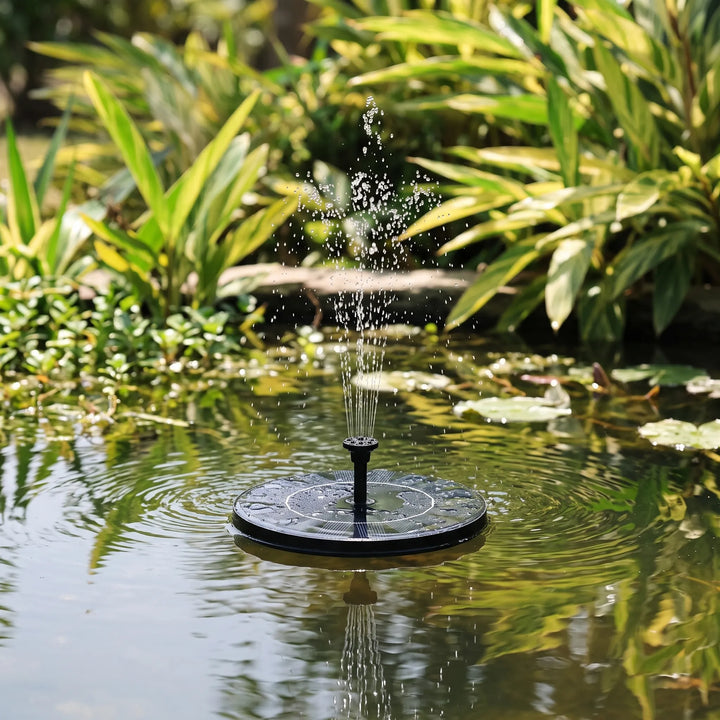 Floating solar fountain for garden pond or bird bath. Eco-friendly outdoor water feature decor.