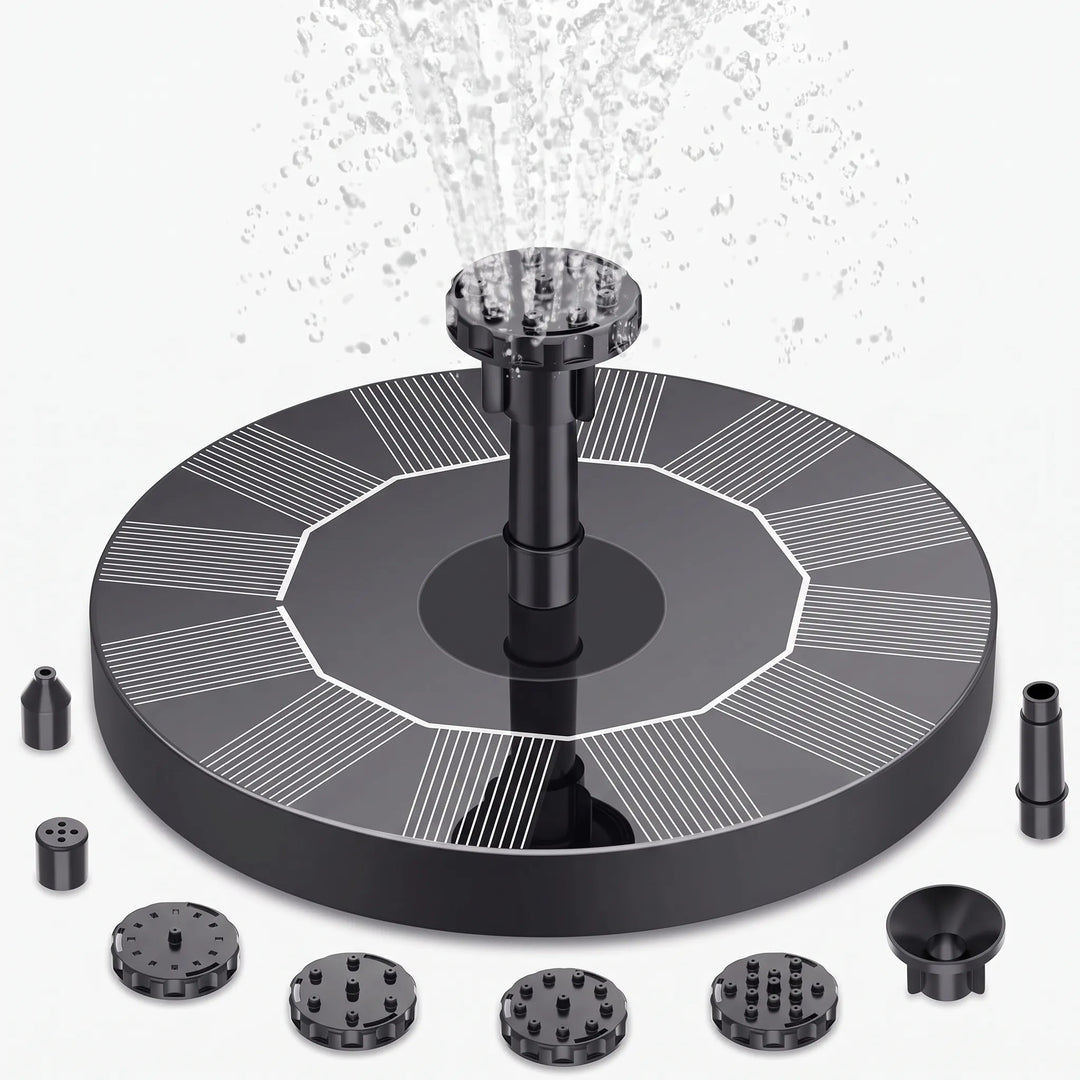 Solar-powered floating fountain enhancing a bird bath. Perfect garden decor & water feature for wildlife.