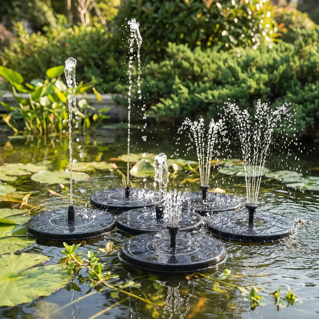 Floating solar water fountain in a garden pond, creating a serene outdoor water feature. Eco-friendly decor.
