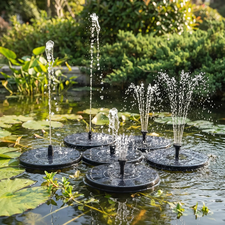 Floating solar water fountain in a garden pond, creating a serene outdoor water feature. Eco-friendly decor.