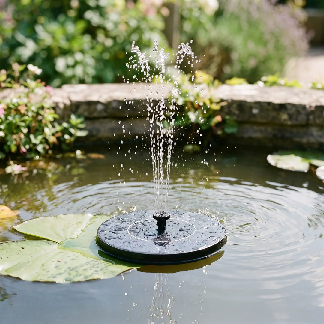 Eco-friendly solar fountain floating in a bird bath, powered by sunlight. Beautiful garden water decor.