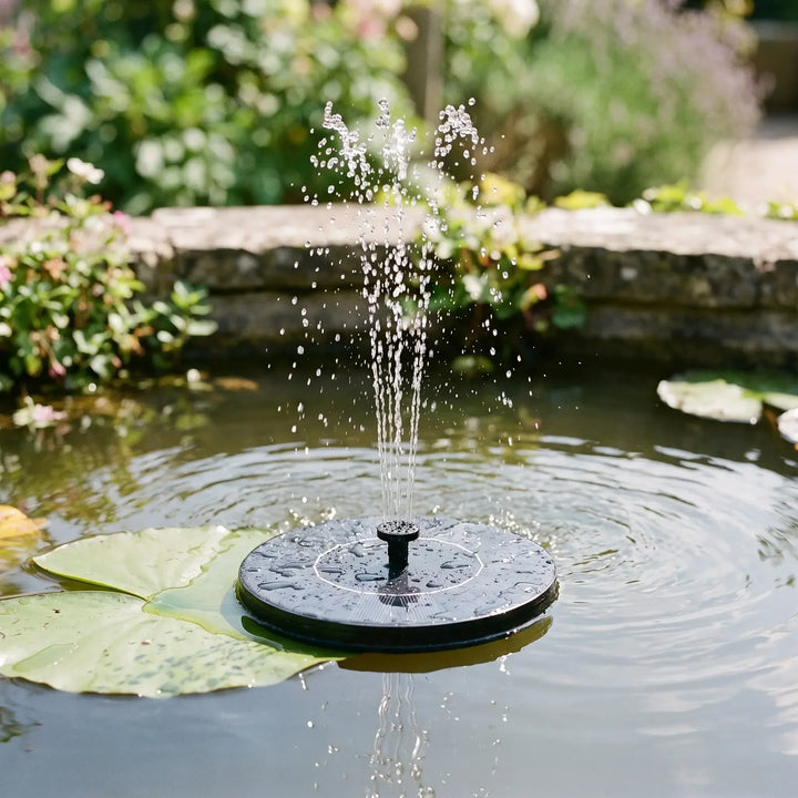 Eco-friendly solar fountain floating in a bird bath, powered by sunlight. Beautiful garden water decor.