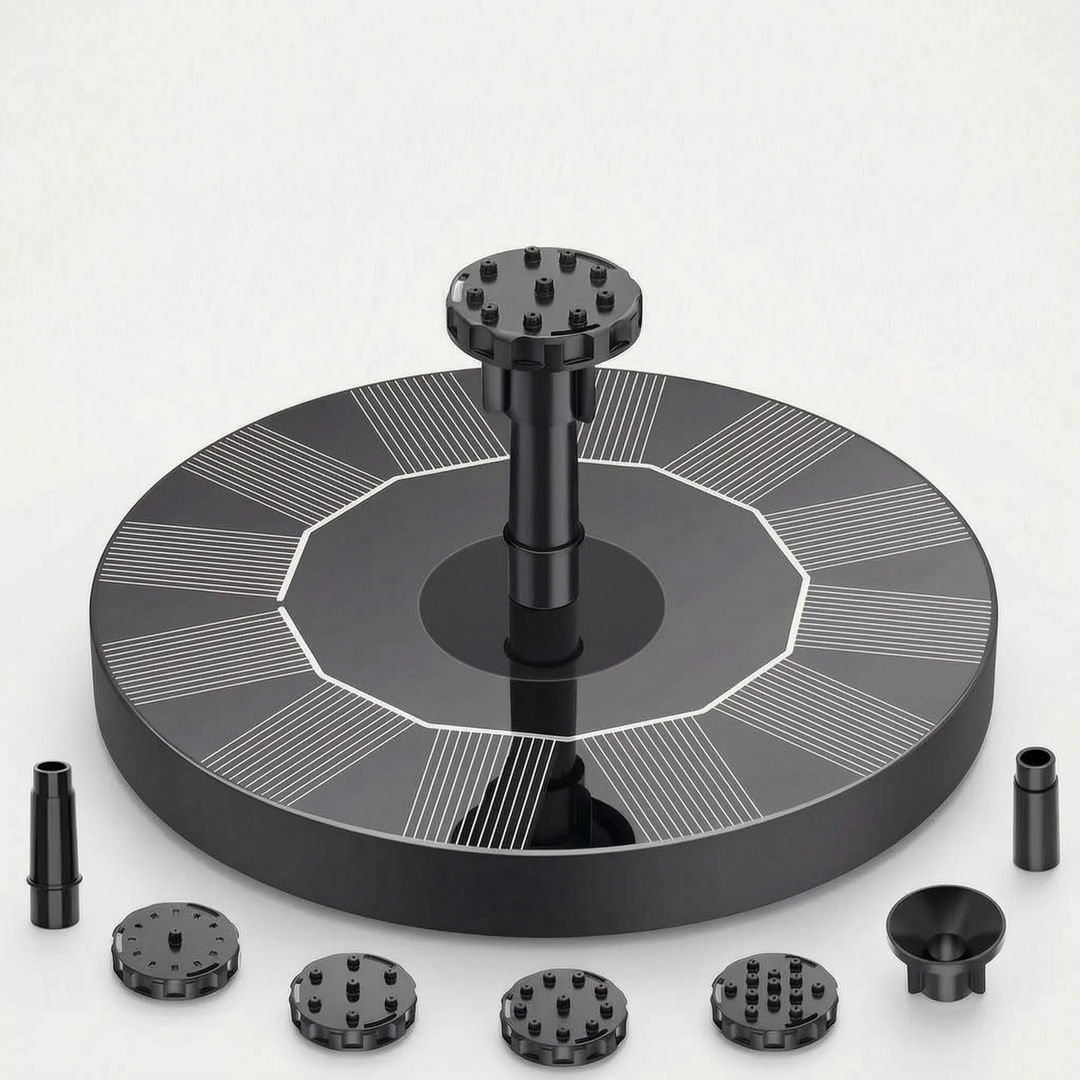 Versatile floating solar fountain with multiple spray patterns, enhancing garden, pond, or bird bath decor.