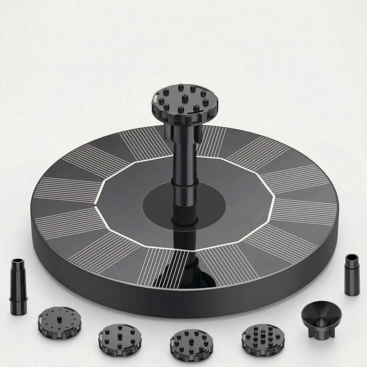 Versatile floating solar fountain with multiple spray patterns, enhancing garden, pond, or bird bath decor.