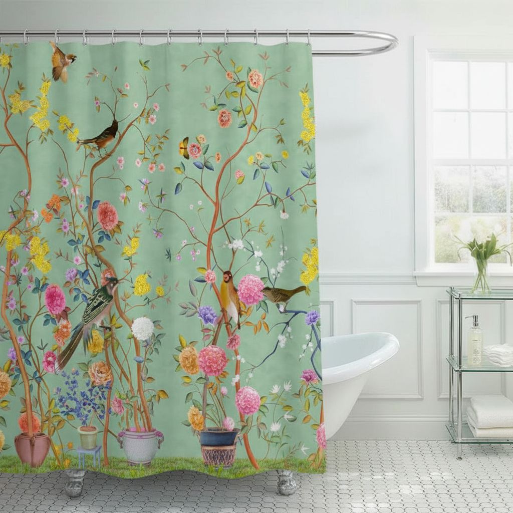 Floral & Bird Motif Waterproof Shower Curtain