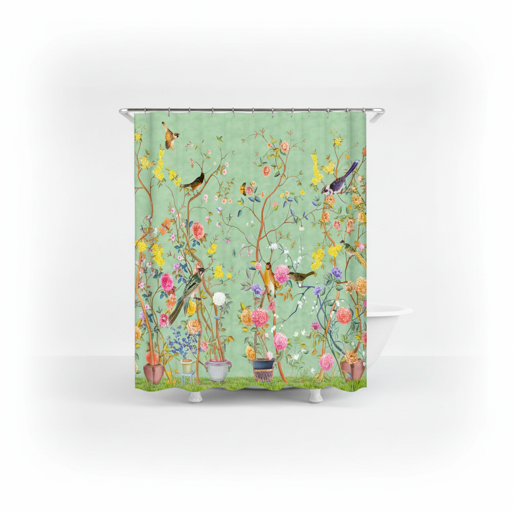 Floral & Bird Motif Waterproof Shower Curtain