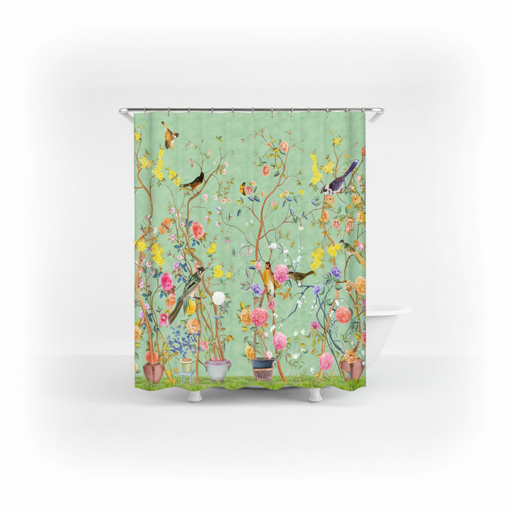 Floral & Bird Motif Waterproof Shower Curtain