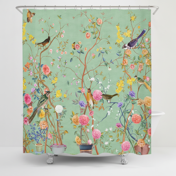 Floral & Bird Motif Waterproof Shower Curtain