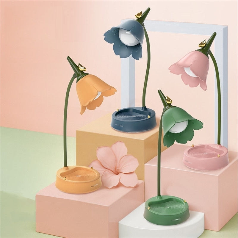Flower-shaped portable LED desk lamp with touch control, white petals, for modern home decor and mood lighting
