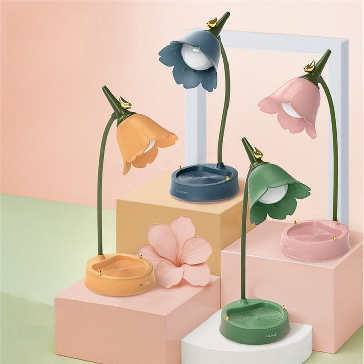 Flower-shaped portable LED desk lamp with touch control, white petals, for modern home decor and mood lighting