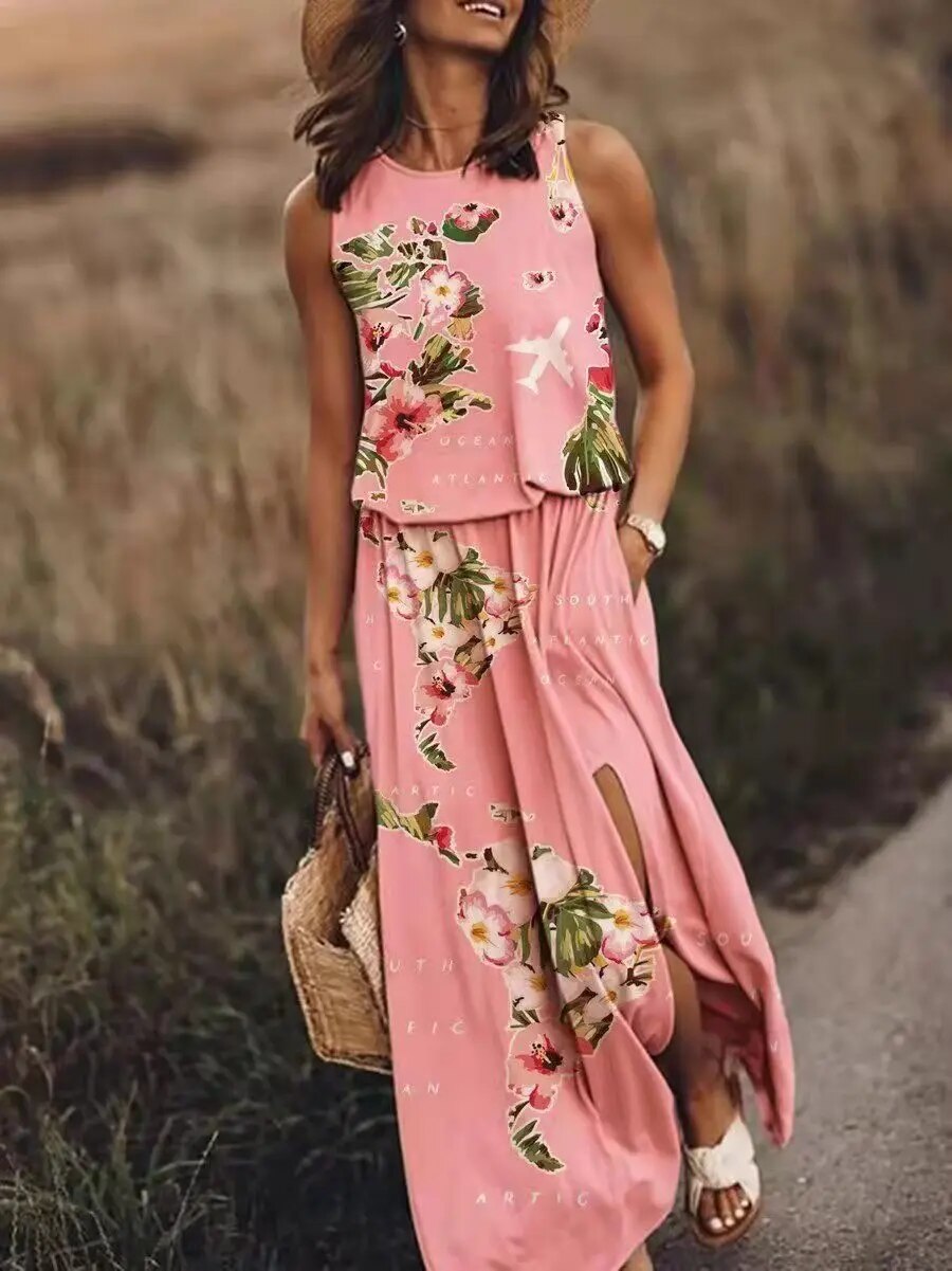 Flowy white women's maxi summer dress with unique cut and elegant silhouette for vacation wear.