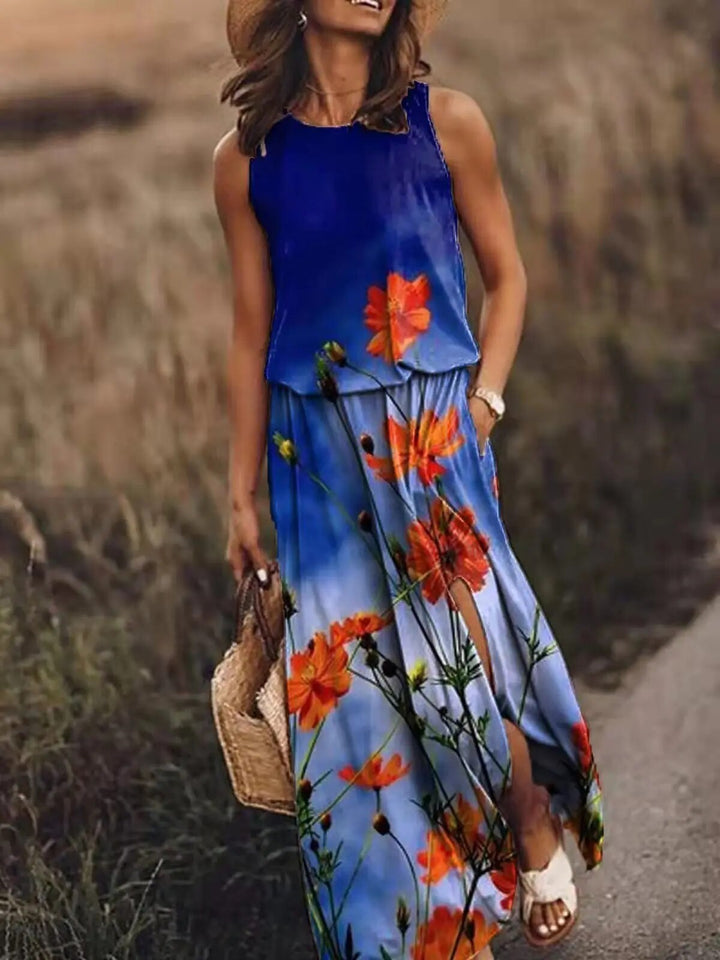 Sleeveless white maxi dress for women featuring a unique cut, perfect for a chic summer look.