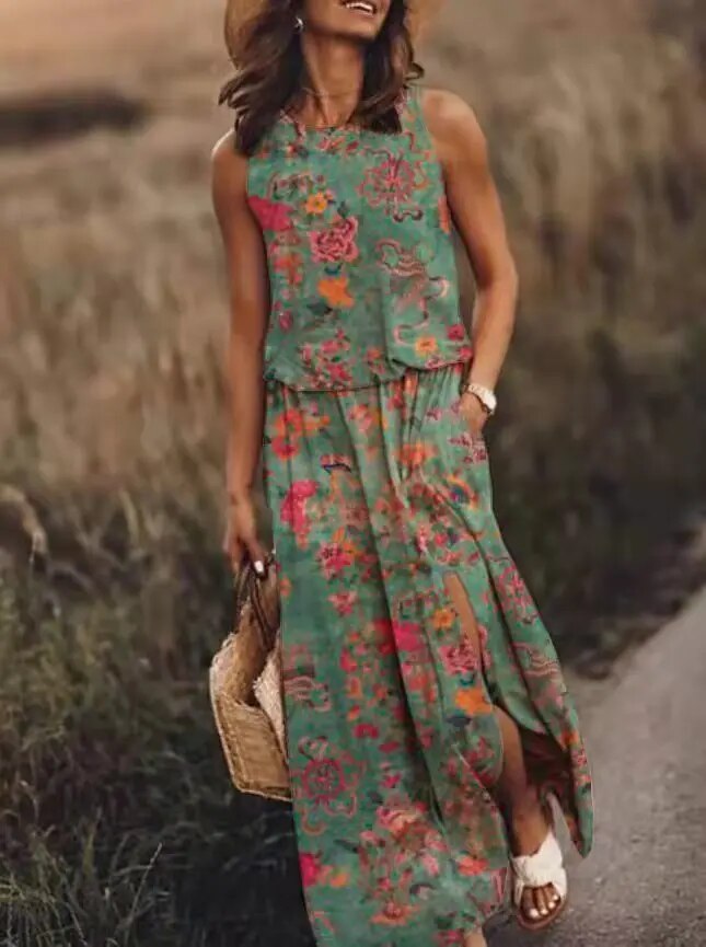 Fashionable women's summer dress, a white flowy maxi style with a distinctive and elegant cut.