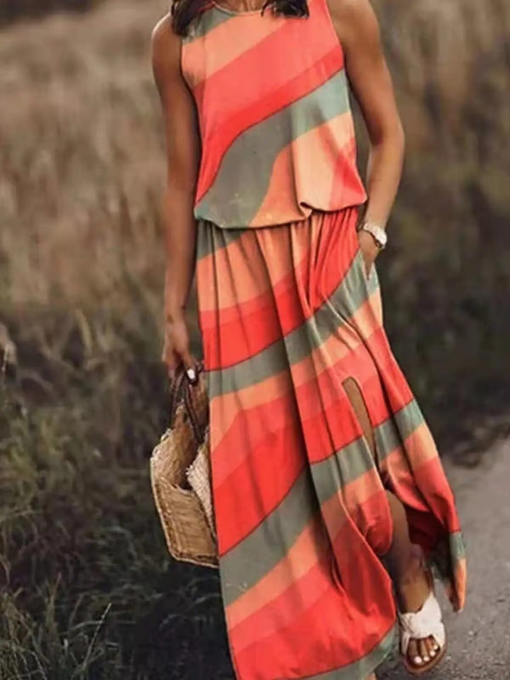 Elegant white flowy maxi summer dress for women, highlighting its unique cut and comfortable fit.