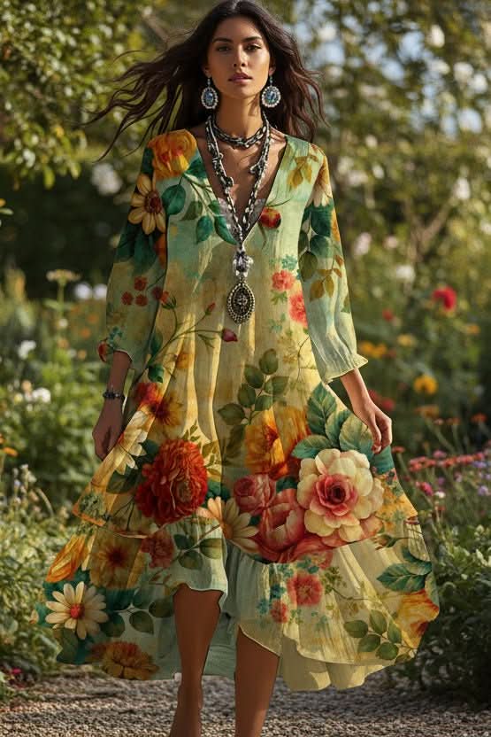 Flowy women's Boho vintage maxi dress in vibrant red with a flattering V-neck, perfect for summer vacations.