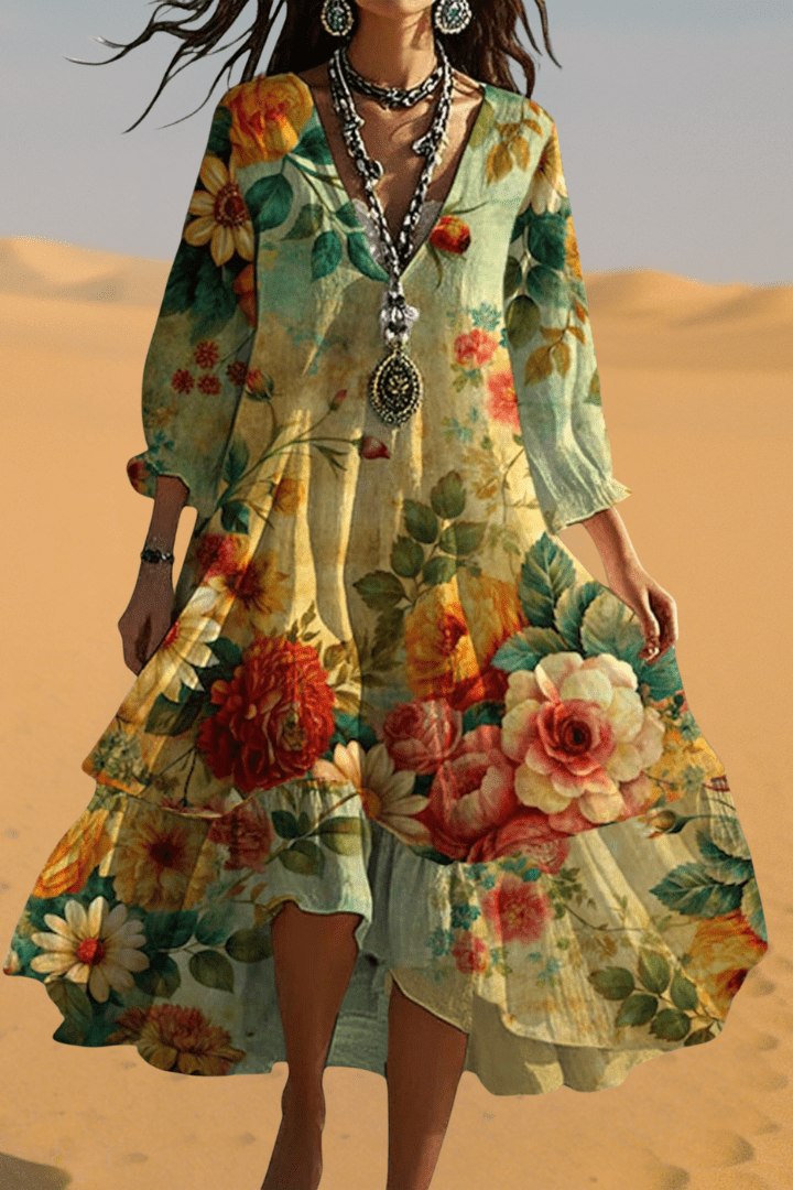 Women's long flowy Boho vintage maxi dress with V-neck, offering casual elegance for day-to-night wear.
