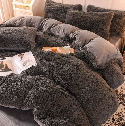 Fluffy candy-colored velvet duvet cover, soft winter bedding for cozy bedroom decor.