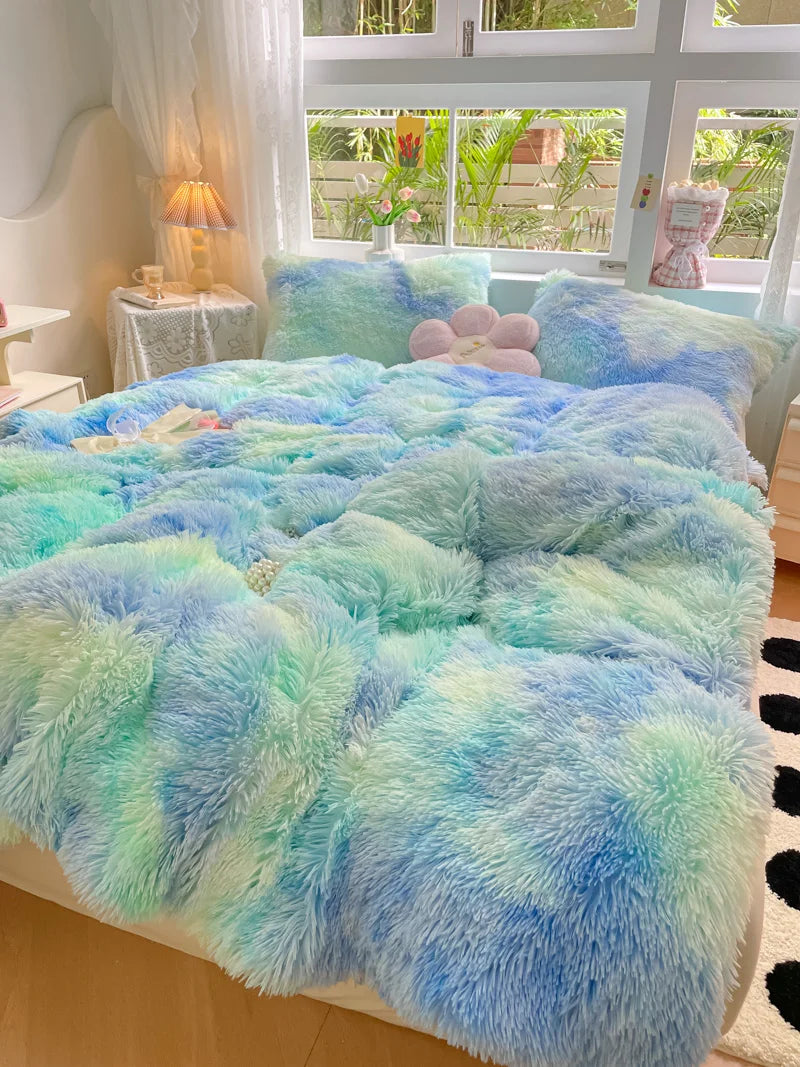 Soft and warm candy-colored duvet cover, plush velvet textile for cozy bedding.