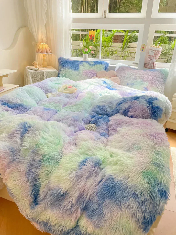Abstract view of candy-colored fluffy duvet cover, soft velvet textile detail.