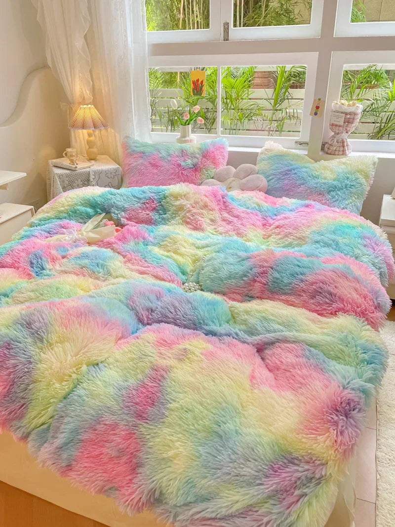 Bright candy-colored duvet cover, fluffy velvet for a vibrant and cozy winter bed.
