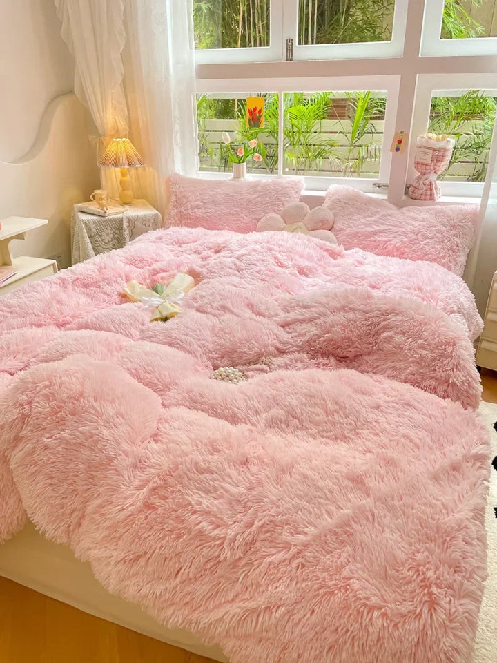 Home decor inspiration with a soft candy-colored fluffy duvet cover, velvet textile.