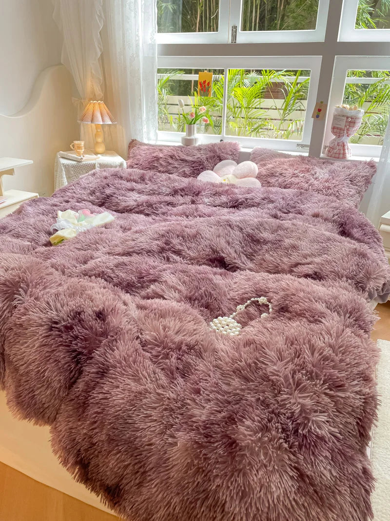 Textured fluffy candy-colored duvet cover, plush velvet for a cozy winter bedroom.