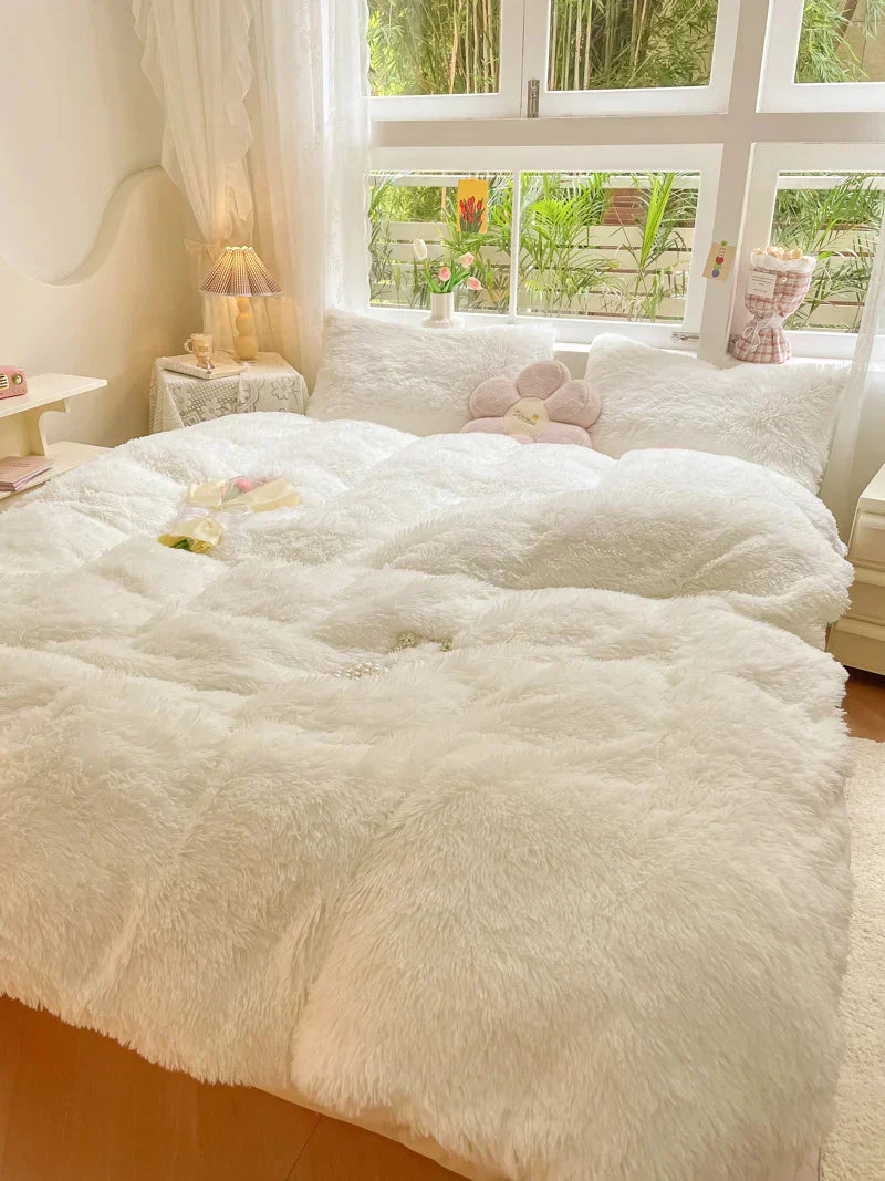 Elegant candy-colored duvet cover, soft velvet fluffy textile, perfect for winter bedding.