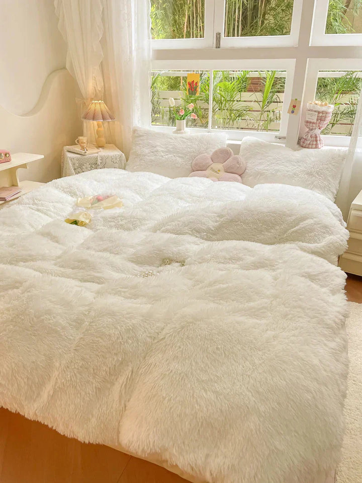 Elegant candy-colored duvet cover, soft velvet fluffy textile, perfect for winter bedding.