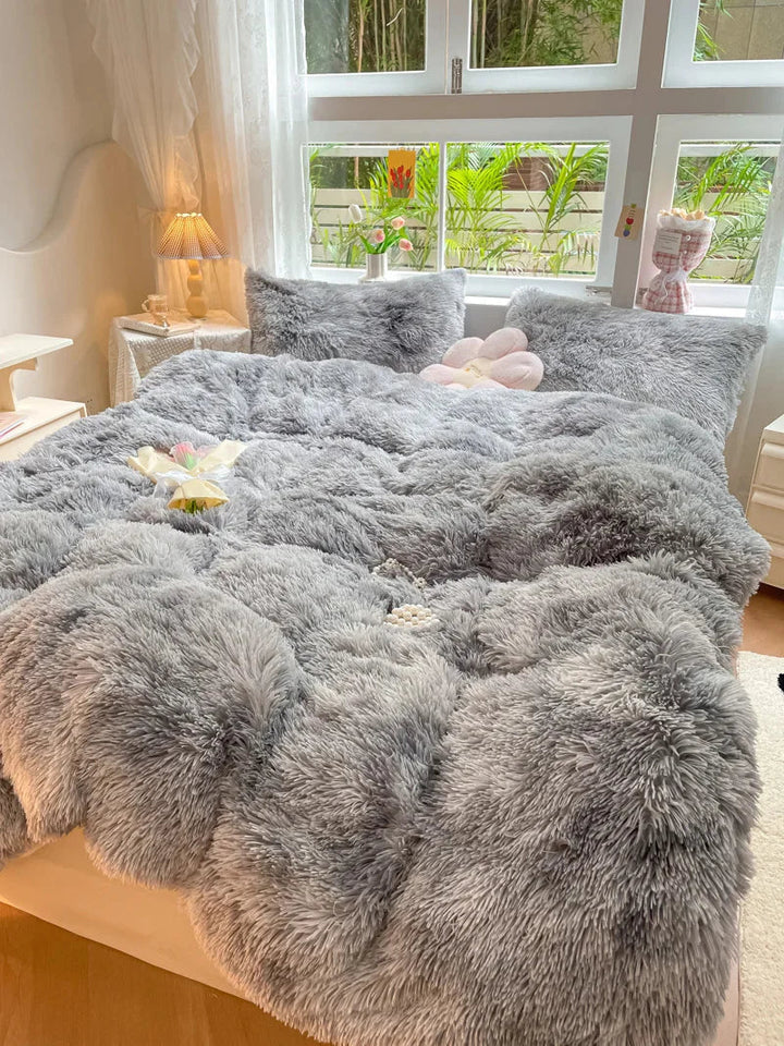 Comfortable candy-colored fluffy duvet cover, velvet textile for a cozy and warm bedroom.
