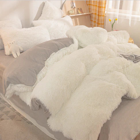 Soft colorful winter duvet cover, plush velvet textile for a warm and cozy bed.