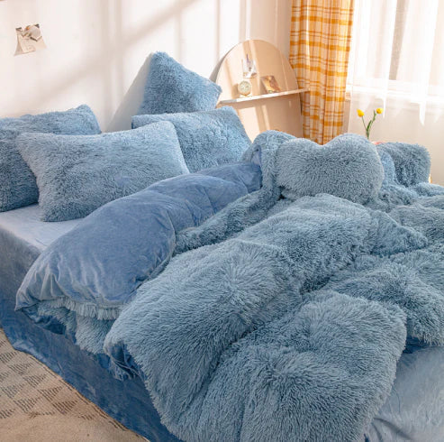 Vibrant candy-colored duvet cover, fluffy velvet for cozy winter bedroom decor.