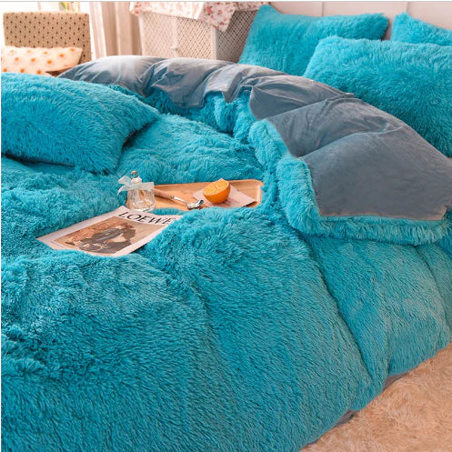 Cozy winter duvet cover in candy colors, plush velvet textile for soft bedding.